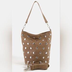 Fame Casual Studded Faux Leather Taupe Or Tan Bucket Bag